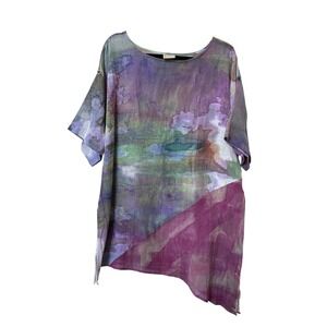 Sucesos Hand Painted Tunic Top L/XL Purple Green Abstract Gauze Art to Wear